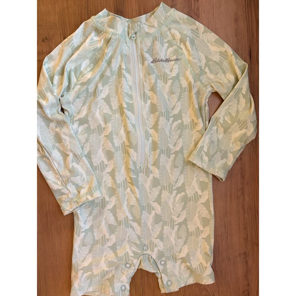Eddie Bauer Long Sleeve Half Zip Baby Swimsuit Green Leaf Print Size 18 Months